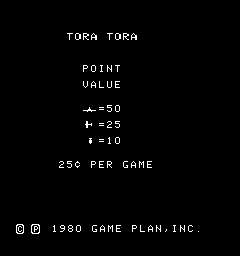 The title screen displays "TORA TORA" in white pixelated text at the top center against a black background. Below that, game information is listed vertically: POINT VALUE, A=50, B=25, and I=10, followed by "250 PER GAME" centered on the screen. At the bottom, a copyright notice reads "© 1980 GAME PLAN,INC." in small white text. The entire screen uses a simple monochrome arcade aesthetic with basic bitmap typography typical of early 1980s arcade games.
