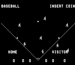 A baseball field diagram displays nine player positions marked with small figures arranged across the diamond. The field shows "HOME" in the lower left and "VISITOR" in the lower right, with a score readout displaying zeros beneath. Text reading "BASEBALL" appears in the top left corner and "INSERT COIN" in the top right. The view is rendered in white lines and text on a black background, depicting a top-down perspective of the playing field layout.