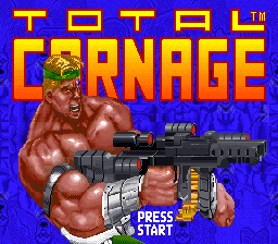 A muscular man with blonde hair and a headband holds a large weapon across his chest against a bright blue background. The game title "TOTAL CARNAGE" appears in yellow capital letters above him, with "TM" in the top right. The character is rendered as a large sprite with brown skin tones and defined musculature. At the bottom of the screen, white text reads "PRESS START" in a simple pixelated font. The overall aesthetic uses a limited color palette typical of early 1990s arcade-style games.