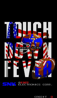 The title screen displays 'TOUCHDOWN FEVER' in large white and red pixelated letters across the center, with a stylized American football player sprite in blue and red positioned behind the text. An American flag pattern with red and white stripes and blue sections fills the background. At the bottom, the SNK Electronics Corp. logo appears in white text, followed by an 'CREDIT' label and coin counter in the lower-right corner. The overall color palette consists of black background, white text, blue and red sprites, and red-and-white striped patterns typical of 1980s arcade title screens.