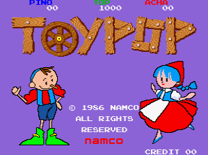 The Toypop title screen displays the large golden logo at center against a purple background. A small boy in red clothing stands on the left side, while a girl in a white dress with red trim appears on the right, both rendered as colorful 8-bit sprites. Score displays showing "PINCH 0", "1000", and "ACE 00" are positioned across the top. Copyright text reading "© 1986 NAMCO ALL RIGHTS RESERVED" and "NAMCO CREDIT 00" appears in red text at the bottom center, with Namco's red circular logo visible below the credit information.