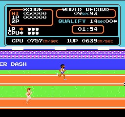 The screen displays a track and field event in progress. The top portion contains a cyan-colored HUD panel showing score (000000), world record (093.93), quality (14.00), time (01.54), CPU (0757), and IUP (0639) values. Below are multiple horizontal colored lanes—purple, blue, green, orange, and black—representing the racing track. Two pixelated athlete sprites are visible mid-sprint across the lanes, rendered in typical 8-bit NES style with limited color palette and blocky proportions.