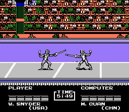 Two pixelated athletes in white and blue outfits face each other on a gray track against a purple background. A crowd of spectators in red fills the upper portion of the screen. A white ruler-like measurement bar runs horizontally across the bottom third. UI elements display "HYPER OLYMPICS COMPUTER" at the bottom center, with "U. SYNDER" and "W. GRUN" labeled as competitors on the left and right sides respectively, each with score displays showing "0" and game mode information.