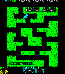 A maze layout fills the center of the screen rendered in bright green blocky paths against a black background. At the top, a cyan header displays "HI-SCR" with three score values in black text. The bottom shows a status bar with "PLAYER" text, a yellow animated character sprite on the left side, and three small character icons in the upper right corner. The overall art style features low-resolution pixelated graphics typical of early 1980s arcade games.