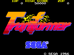 The title screen displays a large orange and magenta pixelated logo reading "Transformer" in the center, with yellow electrical effect graphics overlaid. At the top, a scoreboard shows "1UP", "HIGH SCORE", and "2UP" labels. The SEGA logo appears in blue text at the bottom, with a copyright notice reading "© SEGA 1986" in white. The background is black, and the overall color palette uses bright oranges, magentas, and yellows typical of 1986 arcade graphics.