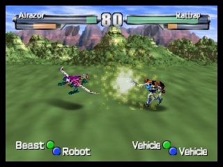 A 3D battle scene displays two robot characters facing each other across a grassy field with rock formations in the background. The left character wears red and blue colors, while the right character is predominantly black and green. A health bar at the top shows both fighters' status, with "Airazor" labeled on the left and "Tarantulas" on the right, both at 80 health. The game UI indicates "Beast", "Robot", and "Vehicle" modes available for each fighter at the bottom of the screen. A glowing projectile or energy effect appears in the center ground between the combatants. The graphics use N64-era polygon rendering with a low-poly character model style.