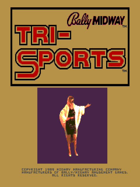 The Bally Midway Tri-Sports arcade title screen displays the red and yellow game logo against a tan background. Below, a pixelated female athlete in a yellow and white outfit stands centered on a dark purple background, one arm extended outward in a pointing gesture. Copyright text appears at the bottom in small blue letters, stating 1989 Midway Manufacturing Company and all rights reserved.