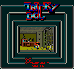 The title screen displays 'TRICKY DOC' in large blue and red pixelated letters at the top. Below is a nested rectangular border frame in green and teal lines, containing a small game scene showing a character in red clothing inside a room with brown furniture, shelving, and architectural details rendered in low-resolution pixel art. A red 'Tecfri' copyright notice appears at the bottom of the screen against the dark teal background.