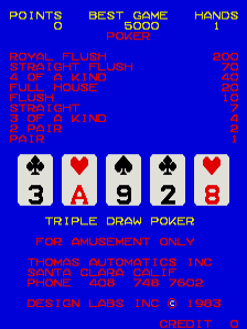A bright blue arcade title screen displays game information and statistics in yellow and red text at the top, including points, best game score, hands played, and poker variant details. Below sits a row of five playing cards showing a 3 of clubs, Ace of hearts, 9 of clubs, 2 of clubs, and 8 of hearts. The title "TRIPLE DRAW POKER" appears in red text, with additional game information and credits from Thomas Automatics Inc. listed in smaller colored text at the bottom of the screen.