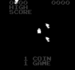 The title screen displays "ATARI" and "HIGH SCORE" text in the upper left corner with numerical placeholders. Two small white spaceship-like sprites are positioned in the center of the black screen with angular lines suggesting movement. At the bottom, text reads "1 COIN" and "1 GAME" in white pixelated characters. The overall composition uses a stark black background with white vector-style graphics typical of early arcade display aesthetics.