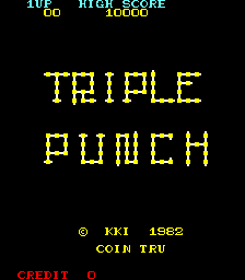 The arcade title screen displays 'TRIPLE PUNCH' in large yellow pixelated letters at center. Above the title, a score indicator reads 'HI SCORE 10000' in the upper left corner. Below the main title, copyright text reads '© KKI 1982' in yellow, followed by 'COIN TRU' in smaller yellow text. At the bottom left, red text displays 'CREDIT 0'. The background is solid black, and all text uses the blocky, low-resolution character style typical of early 1980s arcade displays.