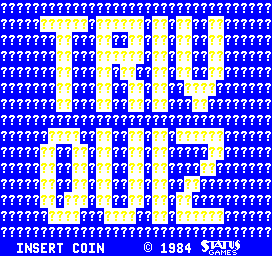 A blue background filled with white question marks forms the backdrop for this title screen. Yellow rectangular blocks arrange horizontally and vertically across the center, creating a puzzle-like pattern. At the bottom, white text reads 'INSERT COIN' on the left and '1984' on the right. The overall layout uses a low-resolution pixel art style typical of 1984 arcade games, with a minimalist design emphasizing the question mark motif and geometric yellow shapes against the bright blue field.