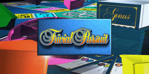 The Trivial Pursuit arcade title screen displays the game's logo in large silver and blue lettering centered on a bright blue rectangular banner. Surrounding the logo are colorful game board pieces and components in neon pink, orange, yellow, and green, including what appears to be the distinctive triangular playing pieces and game cards characteristic of the board game, creating a vibrant, multicolored frame around the central title area.