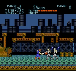 A pixelated NES-era scene shows two player characters engaged in combat on a green ground level against an urban backdrop of brown and dark blue buildings. The top HUD displays "PLAYER 1" with score 10000, "PLAYER 2" with score 0, time remaining 332, and a health bar showing orange segments. Golden scaffolding and wooden platforms create a layered level structure in the middle ground, with darker architectural silhouettes of skyscrapers visible against a blue sky. The sprite resolution is typical of 8-bit NES graphics, with limited color palette and distinct pixelation throughout.