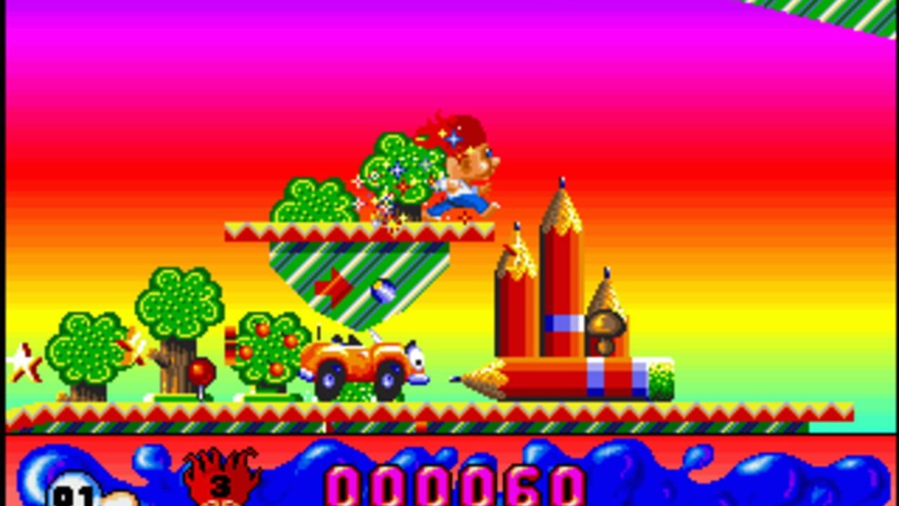 A colorful side-scrolling level displays a pixelated landscape with green trees bearing red apples, an orange vehicle on the ground level, and red castle towers with pointed roofs on the right. A character sprite with brown hair and blue clothing stands on a floating platform above, surrounded by green circular projectiles or objects. The background transitions through bright magenta, red, orange, and yellow to green and cyan gradients. A red decorative border runs horizontally across the lower third, with a blue wave pattern and pink magenta text reading "000060" visible at the bottom, indicating the score or level number in 8-bit DOS-era graphics style.
