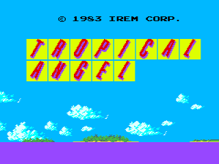 The title screen displays yellow and red diagonal-striped rectangles arranged in two rows against a bright blue sky background, with white pixel clouds scattered across the lower portion and a purple ground strip at the base. The copyright text '© 1983 IREM CORP.' appears in black at the top of the screen in a blocky pixel font.