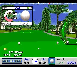 A golf course fairway stretches across a green landscape with trees and a clubhouse visible in the background under blue sky. The golfer stands on the right side of the screen. The HUD displays "1st Stroke" and "37d Yards" at bottom left, with a small circular distance meter in the upper left corner. A wind indicator and hole information panel occupy the lower right. White markers indicate the ball position and target area on the fairway. The graphics use SNES-era sprite resolution with a vibrant green palette and parallax background elements.