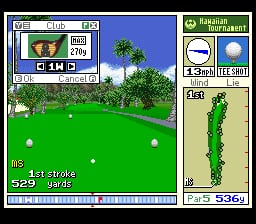 A golf course view displays a green fairway with white dotted ball position markers and a putting green in the distance. The upper-left UI panel shows player info, club selection, and score of 529 yards on stroke 1. A small inset map in the upper-right indicates terrain elevation with green shading. The right panel shows a vertical course layout diagram. Tropical vegetation including a palm tree and grass terrain fill the background under a blue sky. The interface uses a standard SNES-era layout with blue borders and text-based menus showing club and game statistics.