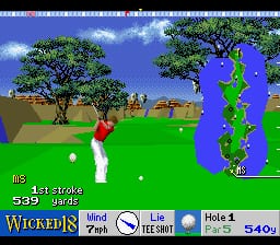 A golf course fairway stretches across the screen with a large tree on the left, blue water hazard on the right, and hills with spectators in the background. The golfer's position is marked by a white ball on the green grass. The HUD displays stroke count (1st stroke), yardage (539 yards), wind direction indicator, and hole information (Hole 1) at the bottom. The color palette uses bright greens, blues, and earth tones typical of 16-bit golf games.
