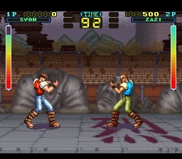 Two fighters face each other in a street battle with brick buildings behind them. The left fighter wears red and white clothing with an orange-red color palette, while the right fighter wears blue and green. A horizontal status bar spans the top displaying player health, round number (2 of 3), timer at 22 seconds, and score values. Vertical health bars with gradient coloring frame both sides of the screen. The background shows brick walls with weathered texturing and parallax depth, creating an urban alleyway setting rendered in 16-bit sprite graphics.