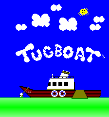 The title screen displays "TUGBOAT" in large white pixelated letters centered on a bright blue background. Above the text, white cloud shapes and a yellow sun are scattered across the top. Below, a tugboat sprite with a white cabin and red hull sits on a brown dock or pier at the bottom of the screen, rendered in simple pixel art. The ground is solid green, and the overall color palette consists of primary colors typical of early 1980s arcade games.
