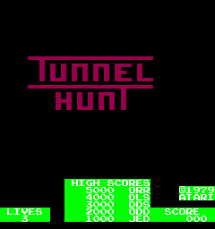 The title "TUNNEL HUNT" appears in large magenta pixelated letters against a black background at the top center. Below it, a bright green status bar spans the width of the screen, displaying white text reading "LIVES" on the left side with a value of 1, followed by columns labeled "HIGH SCORES," "2000," "1800," "1600," "1400," and "SCORE" on the right. The overall visual style uses a limited color palette typical of late-1970s arcade hardware.