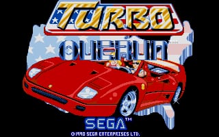 The title screen features the yellow and red "TURBO" logo at the top with "OUTRUN" displayed below in blue text. A red sports car is positioned centrally, shown from a three-quarter front angle. The car appears rendered in low-resolution 3D polygons typical of early DOS racing games. Below the vehicle sits the SEGA trademark and copyright notice. The background is black with white and light blue accent areas framing the main logo and vehicle graphics.