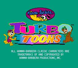The title screen displays "Turbo Toons" in large, colorful pixelated letters against a teal background. Above the title sits an oval logo containing cartoon characters. Two animated mascots appear flanking the text—a yellow dog-like character on the left and a brown dog character on the right, both rendered in bright colors typical of SNES-era sprites. Below the logo, white text reads copyright and trademark information for Bally Midway arcade characters and Empire Interactive. The overall composition uses a vibrant color palette of magenta, yellow, and cyan against the green background.