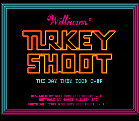 The title screen displays "Williams" in magenta script at the top, followed by "TURKEY SHOOT" in large orange pixelated letters with a bold outline. Below the title reads "THE DAY THEY TOOK OVER" in white text. At the bottom, copyright and licensing information appears in small magenta and cyan text, crediting Williams Electronics Inc. The entire composition sits against a black background with a purple and cyan border frame.