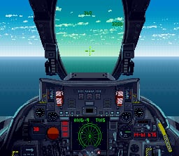 A cockpit view from a fighter jet displays twin engine intakes in the upper frame, with a detailed instrument panel below featuring a radar screen in the center, red buttons and switches on the left side, a green heading indicator in the middle, and yellow warning indicators on the right. The horizon line shows ocean water meeting a blue sky gradient across the windscreen. The HUD displays altitude and speed readouts in green text against the dark panel backdrop.