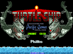 The title screen displays "Turtle Ship" in red pixelated lettering at the center-top, flanked by two ornamental dragon sprites in green. Below the title, text reads "Exclusively for Pacific Games" and "Philko" appears at the bottom. A blue water pattern occupies the lower portion of the screen. The background is black, and the overall composition uses a limited 8-bit color palette typical of 1988 arcade hardware.