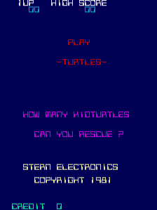 A dark blue arcade title screen displays the word "PLAY" in red text centered on the screen, with "=TURTLES=" directly below it in magenta. Further down, cyan text asks "HOW MANY MIDTURTLES" and "CAN YOU RESCUE ?" At the bottom, white text reads "STERN ELECTRONICS COPYRIGHT 1981" with "CREDIT 0" displayed in cyan at the very bottom. The entire screen uses blocky pixel-based typography typical of early 1980s arcade hardware.