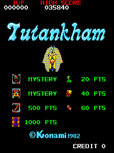 The title screen displays "Tutankham" in large blue pixelated lettering centered on a black background, with a golden pharaoh mask illustration directly below. The top-left corner shows a score of 000000 and credit count of 035840 in red text. A red "FIRE" indicator appears in the top-right. Below the title, four gameplay elements are listed in green text with small sprite icons: two mystery entries worth 20 and 40 points, a 500-point entry marked with a percentage symbol, and a 1000-point entry. The Konami copyright notice "©Konami 1982" and "CREDIT 0" text appear at the bottom in cyan and white respectively.