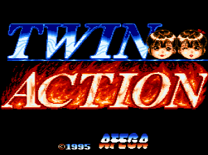 The title screen displays "TWIN ACTION" in large blue and red pixelated letters against a black background, with "TWIN" in blue metallic text and "ACTION" in red with a glowing effect. Below the title, the Afega developer logo appears in gray text, and a copyright notice reads "©1995 AFEGA" at the bottom of the screen. The overall composition is centered and uses a simple layout typical of mid-1990s arcade title screens.