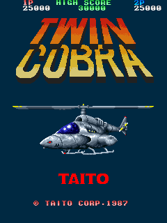 The Twin Cobra arcade title screen displays the orange and yellow gradient logo at top center against a dark blue background. A gray and purple helicopter sprite is centered below the title, rendered in low-resolution pixel art. Red text reading "TAITO" appears at the bottom, with copyright information "© TAITO CORP. 1987" in smaller text. Score displays show "25000" in the upper left and right corners. A thin horizontal line separates the title area from the helicopter image.