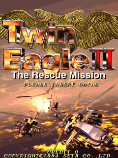 The title screen features a large golden eagle with outstretched wings at the top center. Below it, the game title "TWIN EAGLE II" appears in bold blue letters with an orange/yellow outline, followed by "The Rescue Mission" in smaller white text. A subtitle reads "PLEASE INSERT COIN" in pixelated arcade font. The background shows a sunset or explosion scene with orange and brown tones. In the lower portion, two military helicopters are visible against the sky, rendered in detailed sprite graphics. The copyright notice "COPYRIGHT 1995 SETA CO., LTD." appears at the bottom in small white text.