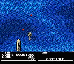 A military helicopter flies over a dense blue water or forest texture in an overhead perspective view. The aircraft is positioned center-upper area of the screen. The HUD displays "GAME BOMB" in the lower-left corner with score "00001000" and ammunition count "999", while "20P" and "CONTINUE" appear in the lower-right. A small red projectile or explosion marker is visible above the helicopter. The entire background consists of a repeating pixelated blue pattern typical of NES-era graphics.