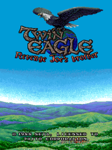 A black eagle with spread wings dominates the upper portion of the screen, rendered in detailed sprite form. Below it, the title "TWIN EAGLE" appears in large orange and red letters with a stylized font, followed by the subtitle "Revenge Joe's brother" in smaller text. The background features a bright blue sky transitioning to rolling green hills and distant purple mountains, creating a parallax landscape effect typical of arcade shooters from the late 1980s. White text at the bottom reads "IN 1942 STAN LIBERSTED TO PROTECT EARTH FROM EVIL ALIENS," indicating game narrative context. The overall color palette is vibrant with clean pixel-art aesthetics characteristic of arcade hardware from this era.