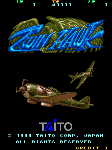 The title screen features large blue stylized text reading "TWIN HAWK" in the upper half, with a tan and green military helicopter sprite positioned below it against a black background. Score displays show "100" and "50000" in the top left and top right corners respectively. At the bottom, white text reads "© 1989 TAITO CORP. JAPAN ALL RIGHTS RESERVED" with "TAITO" displayed in segmented letter blocks. The sprite uses a limited 16-bit color palette with olive and khaki tones for the aircraft against the dark backdrop.