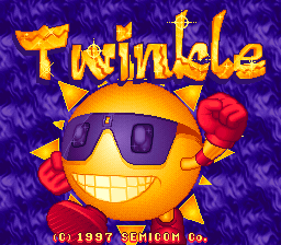 A large smiling sun character with yellow skin, dark sunglasses, and a wide grin dominates the center of the screen against a purple textured background. The sun wears red boxing gloves on both sides. The word 'Twinkle' appears in orange gradient text above the character. Below the sun, copyright text reads '© 1997 SemiCom Co.' in small white lettering. The overall composition uses bright primary colors typical of 1990s arcade game aesthetics.