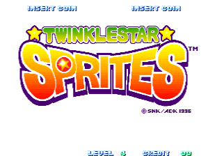 The title screen displays the Twinkle Star Sprites logo in large, colorful 2D text with yellow lettering outlined in purple and orange, centered on a black background. Two gold stars flank the title on either side. Below the logo are copyright marks for SNK and ADK from 1996. At the bottom, three option buttons labeled '1PLAYER', '2PLAYER', and '99' appear in a simple blue font. The overall visual style uses bright, saturated colors typical of mid-1990s arcade games with crisp sprite-based graphics.