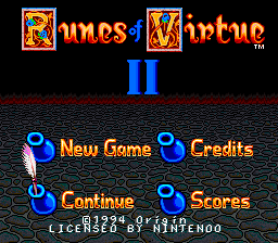 The title screen displays "Runes of Virtue II" in large orange and blue lettering at the top center against a black background. Below the title is a horizontal red textured bar. Four menu options are arranged in two columns: "New Game" and "Credits" in the upper row, "Continue" and "Scores" in the lower row, each preceded by blue circular icons. Copyright text for 1994 Origin Systems and Nintendo appears at the bottom in small yellow type. The overall aesthetic uses 16-bit sprite-era visuals with a dark background emphasizing the ornamental title treatment.