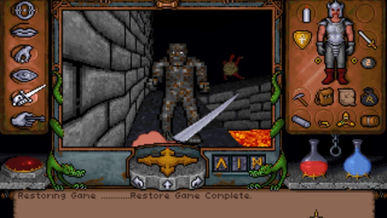 A first-person dungeon view dominates the center, showing a stone-armored enemy figure in a gray brick corridor with a blue sword blade visible. Fire burns in the lower right corner. The right panel displays a player character in metallic armor with various equipment icons including shields, weapons, and potions arranged in a grid. The left sidebar shows spell or item icons with blue circular emblems. A status bar at the bottom reads 'Restoring Game...Restore Game Complete.' Green vine decorations frame the scene borders in dark brown and gray tones.