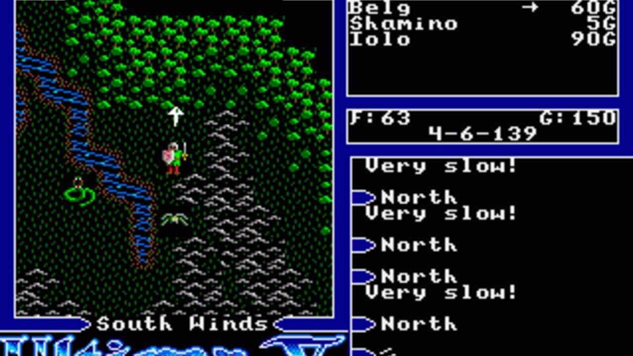 A top-down fantasy RPG view displays a player character in red armor standing in a forest clearing with green trees, gray rocky terrain, and a blue river on the left. A wind indicator at the bottom reads 'South Winds'. The right panel shows inventory items including Belg (60G), Shamino (5G), and Iolo (90G), plus location coordinates F:63, G:150, and 4-6-139. A scrolling text log lists repeated movement directions: 'Very slow! North' entries, indicating slow travel speed in multiple directions.