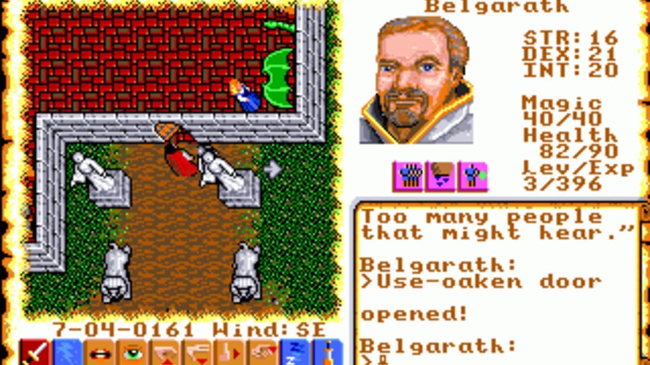 A top-down dungeon view displays a stone chamber with red brick walls, green grass borders, and brown floor tiles. Four white statue pedestals occupy the corners while a small blue and red character stands near the center. The right panel shows character stats for Belgarath with portrait, displaying STR 16, DEX 21, INT 20, Magic 40/40, Health 82/90, and Level/Exp 3/396. A dialog box at bottom reports 'Use-oaken door opened!' with brown text on tan background. The bottom left shows location coordinates '7-04-0161' and wind direction 'SE', with a toolbar of colorful command icons below the main view.
