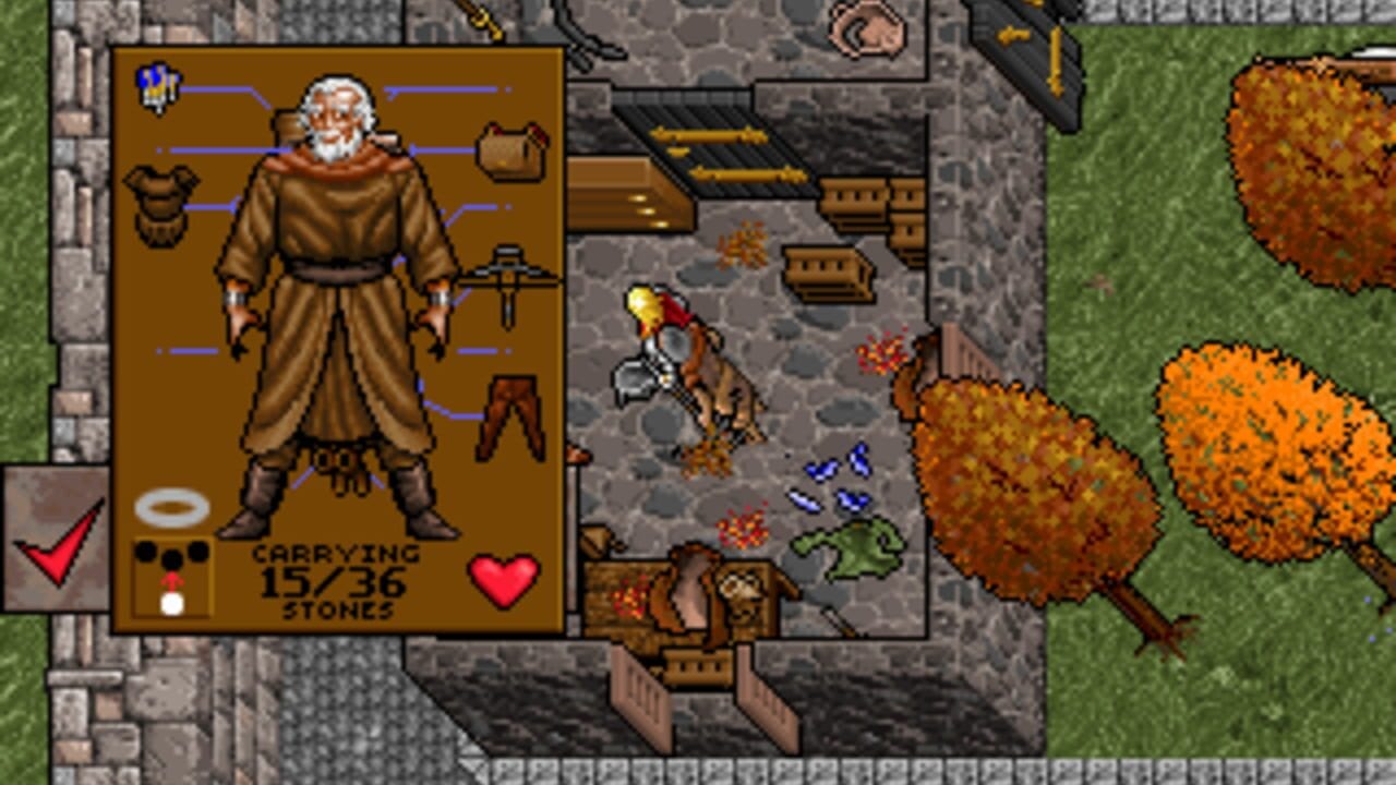 A character inventory panel on the left displays a bearded man in brown robes holding a staff, with blue equipment icons, a health heart, and a carrying capacity of 15/36 stones. The main game view shows an isometric stone castle courtyard with brown wooden structures, green grass terrain on the right, autumn-colored trees, and a small character figure engaged with an enemy in the center. Blue and red visual effects indicate combat action.