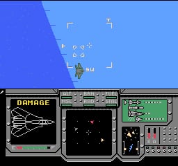 A jet fighter aircraft flies over blue ocean with a distant coastline visible at the top of the screen. The HUD displays a radar grid with targeting reticles. Three interface panels occupy the bottom: a left panel showing white crosshair damage indicators, a center section with black space containing white enemy blips and navigation markers, and a right panel featuring a green radar screen with white contact blips and status readouts. The overall image uses a blue color palette with white vector-style graphics and green monochrome displays typical of NES-era flight simulation aesthetics.