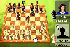 A chess board occupies the left side with pieces arranged in starting position, rendered in a flat, colorful style against a yellow-green background. On the right, a player portrait panel displays a person wearing a hat above the word 'PLAYER', with a black silhouette icon labeled 'PLAYER' below it. The interface uses a golden-brown checkered board pattern with tan and dark pieces clearly visible in their initial rows.
