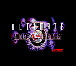 The title screen displays 'ULTIMATE MORTAL KOMBAT 3' in large pixelated white text centered on screen. Behind the title is a circular emblem featuring a stylized yin-yang symbol in red and white. Purple and blue electrical effects radiate outward from the emblem across a black background. Below the main title, smaller text reads 'MORTAL KOMBAT' with the Midway logo in red at the bottom right. The overall composition uses a dark palette with vibrant purple lightning effects creating depth around the central graphic elements.