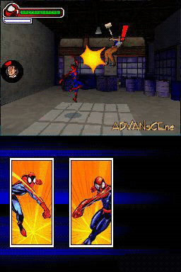Spider-Man in blue and red costume stands in a gray-tiled indoor warehouse environment with blue cargo crates stacked along the right wall. A large yellow star explosion effect erupts above his head, indicating an impact or attack. The top-left corner displays a health bar and character portrait icon. Below the main gameplay view are two vertical character card panels showing Spider-Man in different poses against an orange background. The overall art style features low-polygon 3D models with flat textures typical of Nintendo DS-era graphics.